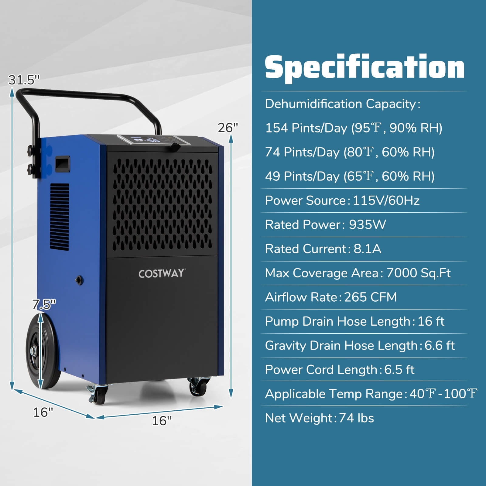 Costway 49-Pint(DOE) Commercial Dehumidifier with Pump Drain Hoses for Basements Job Sites 7,500 Sq.ft Coverage Area (MAX 154Pint at 95°F, 90%RH)