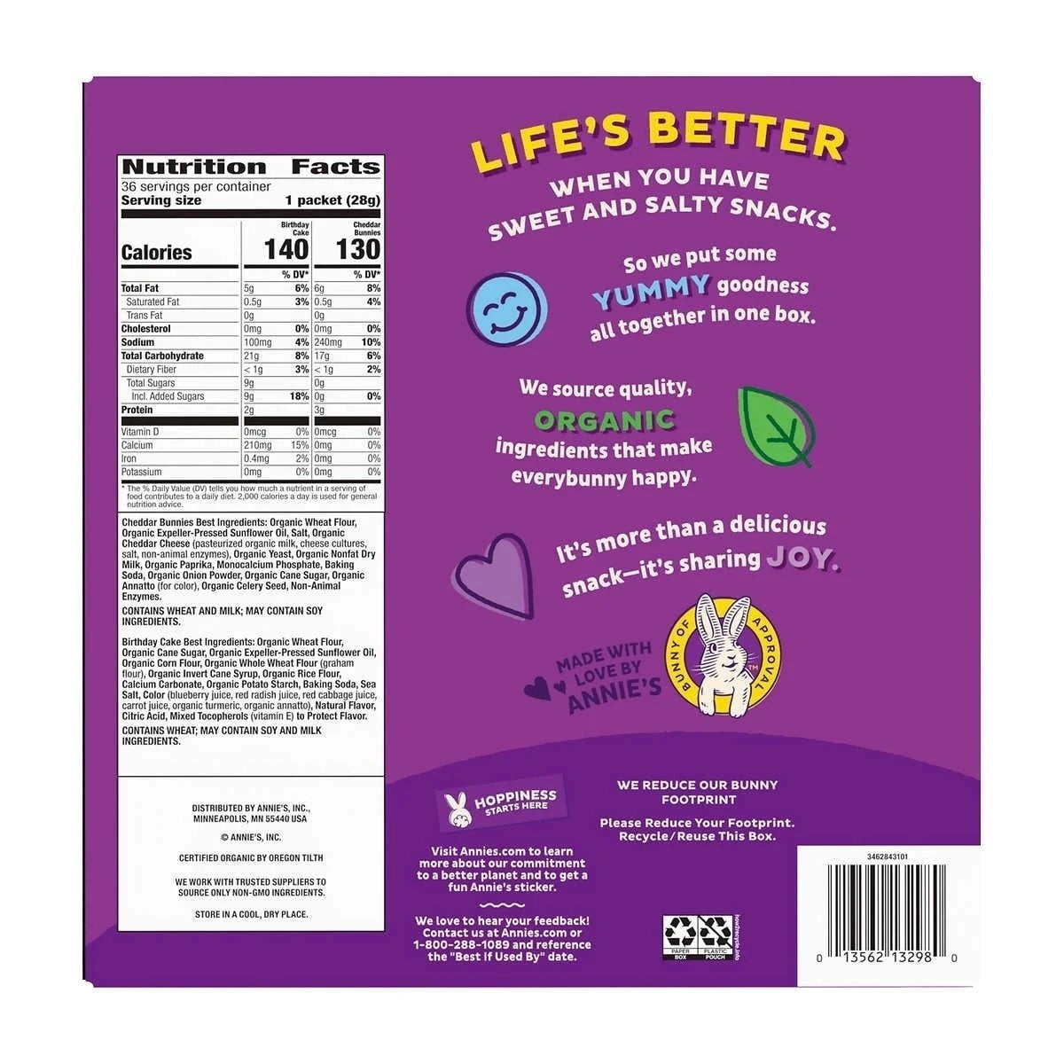 Annie's Organic Birthday Cake Bunny Grahams and Cheddar Bunnies Snack Pack 36 Count, 36 oz