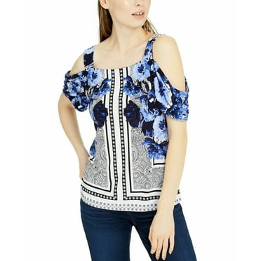 Inc Women's Petite Printed Cold-Shoulder Top Floral Blue White Blouse Size PS