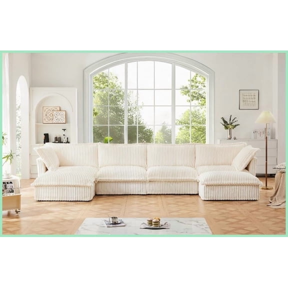 Modern Cream Corduroy U-Shaped Sectional Sofa - 4-Seat Deep Seat with Removable Covers for Living Room