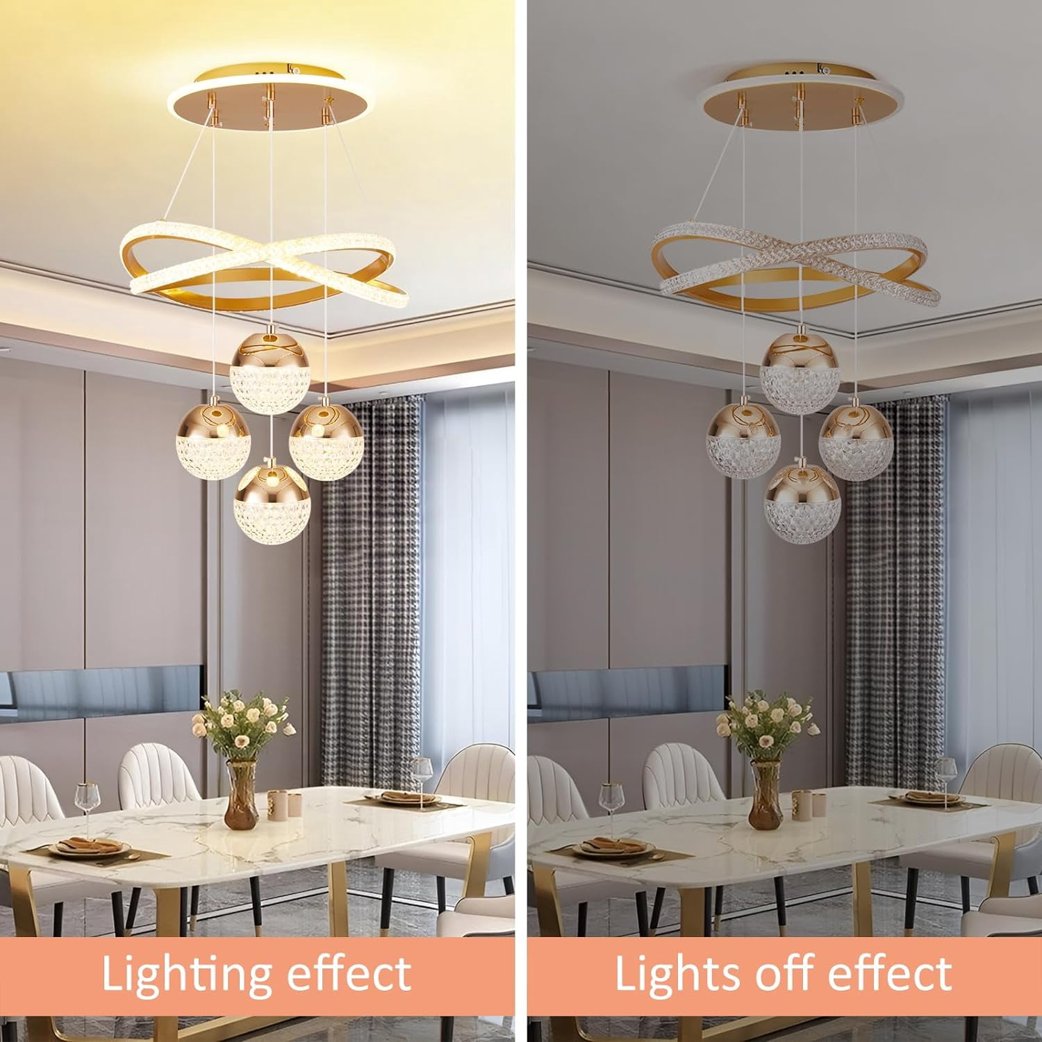 More Change Modern Gold LED Chandeliers, 3-Color Dimmable Pendant Light for Kitchen Island, Dining Room, Living Room, Contemporary Hanging Ceiling Light, Adjustable Height for Modern Home Decor