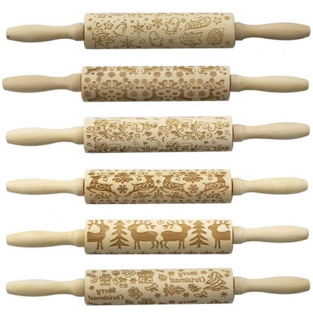 

Christmas Wooden 3D Rolling Pins Embossing Rolling Pin with Engraved Christmas Themed Symbols for Baking Embossed Cookies