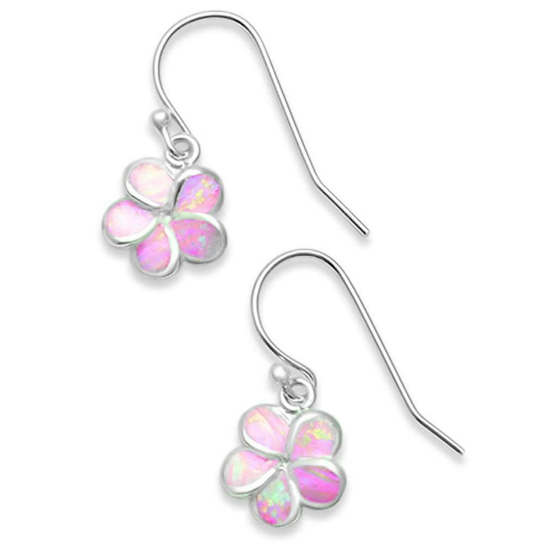 Pink Simulated Opal Plumeria Fishhook Earrings Sterling Silver