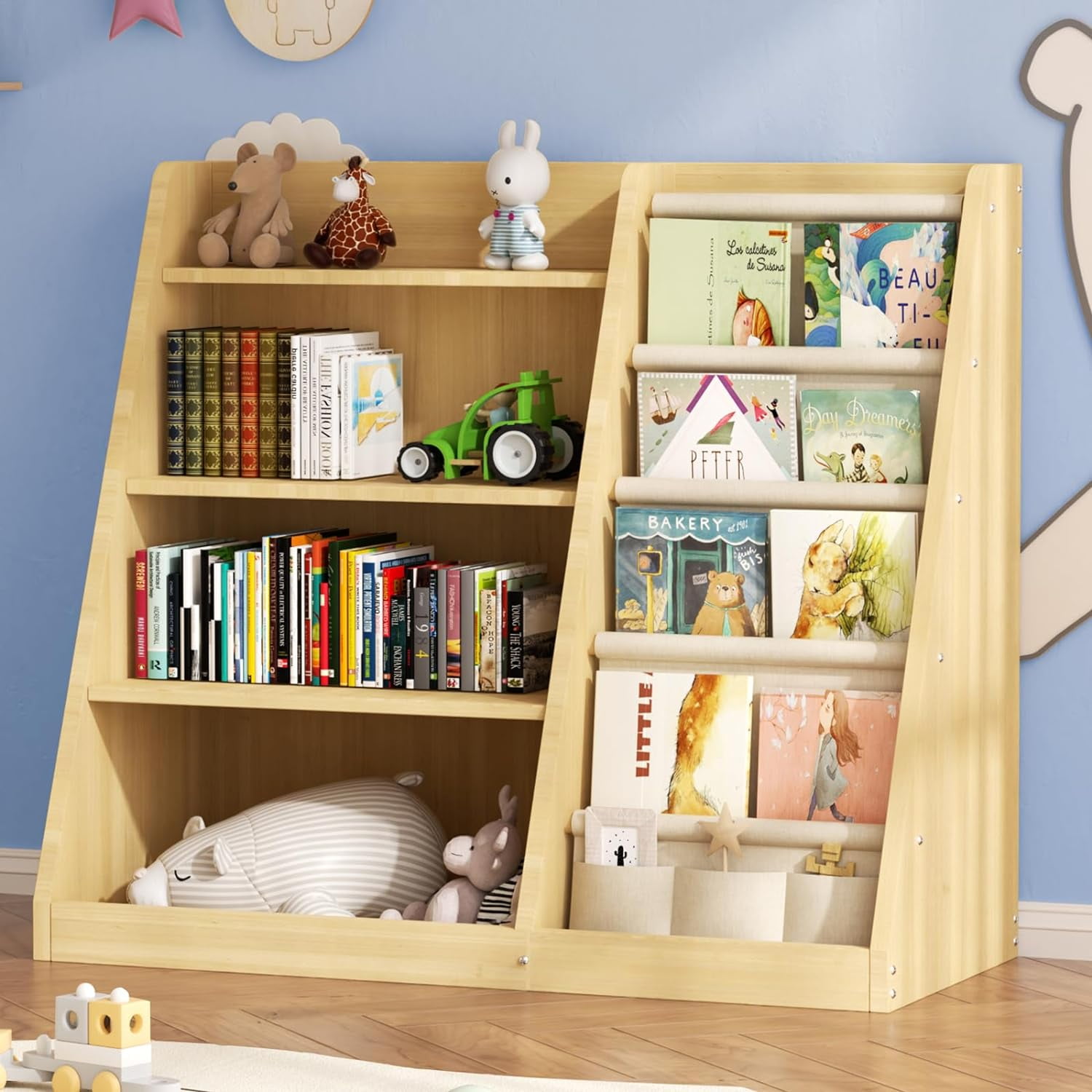 Kids Bookshelf and Toy Storage Organizer 4 Tier Wooden Kids Book Shelf with Sling Book Rack in Kids Room Playroom Nursery for Kids Children Toddlers