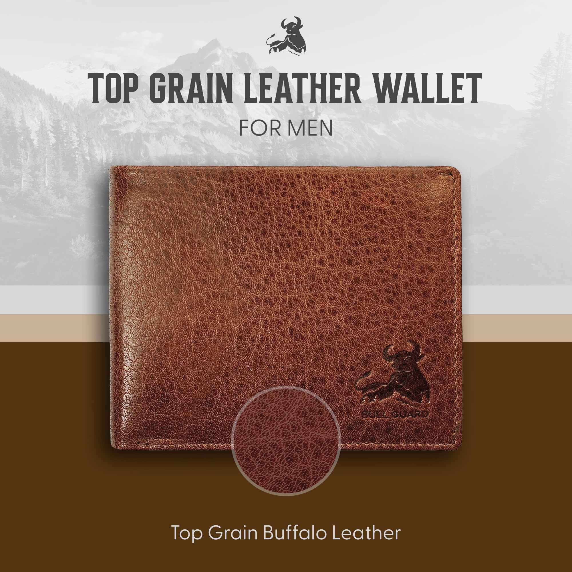 Bull Guard Best Leather Men's RFID Trifold Wallet with ID Great Outdoor Wallet