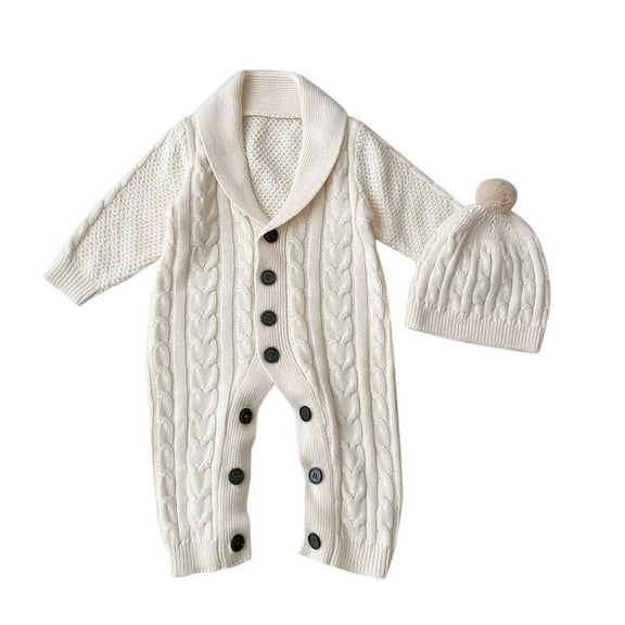 FAOWME Baby Boys Girls Knitted Outfits Long Sleeve Solid Color Buttons Down Warm Comfortable Sweater Romper Jumpsuit Hat Set For Autumn Winter Daily Wear,White,18-24 Months
