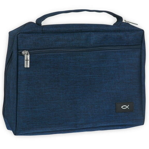 Christian Art Gifts Polyester Bible Cover for Men & Women w/ Jesus Fish Patch, Zipper Pocket, Pen Loops, Ribbon Bookmark Markers, Easy Carry Book Case for Stationery, Accessories, Navy Blue, Medium