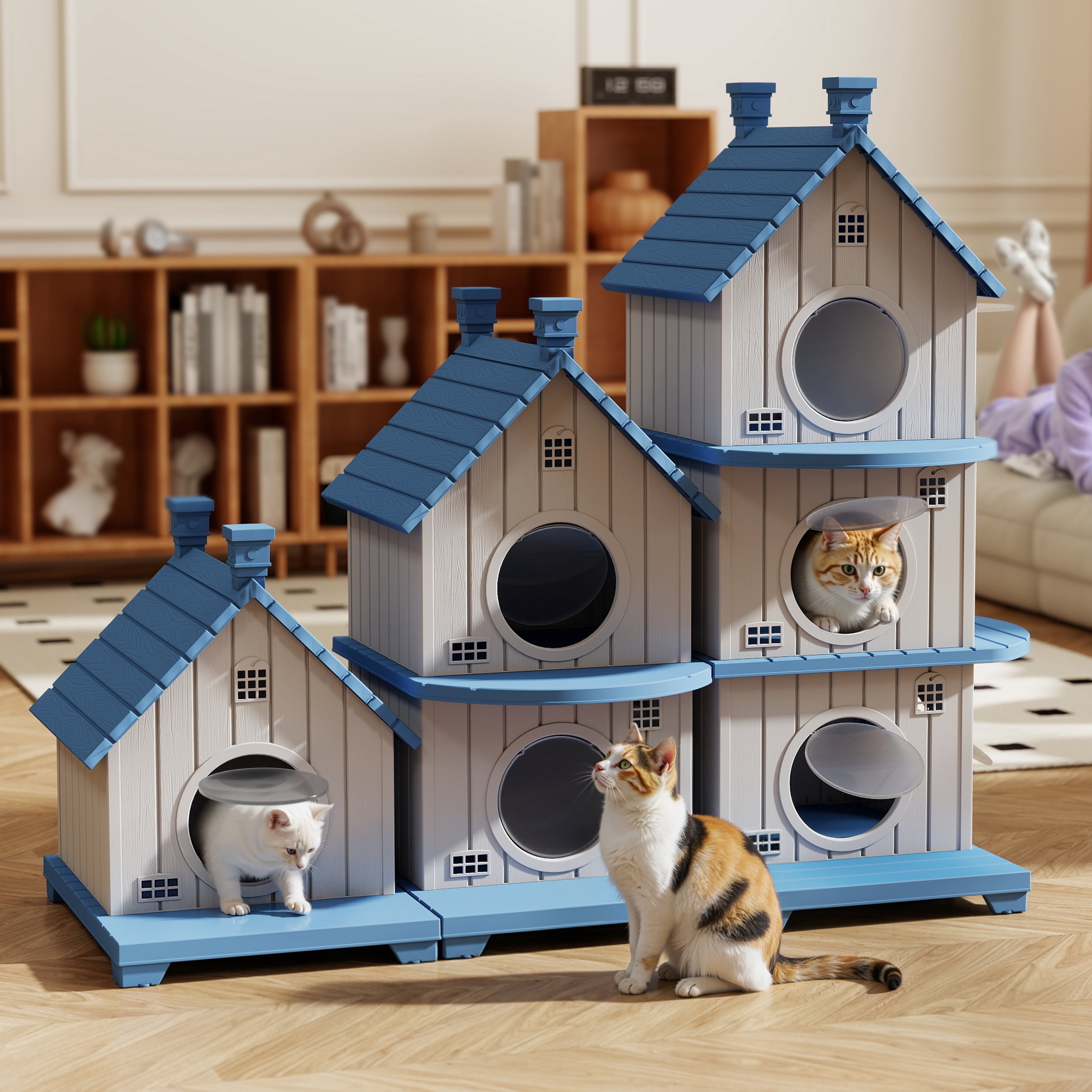 Fazzn Outdoor Cat House with Porch: Weatherproof Insulated Shelter for Cats, Kittens, and Puppies, Including Feral Cats. Features Multiple Entrances, an Elevated Base, and Easy Assembly.Blue/Brown