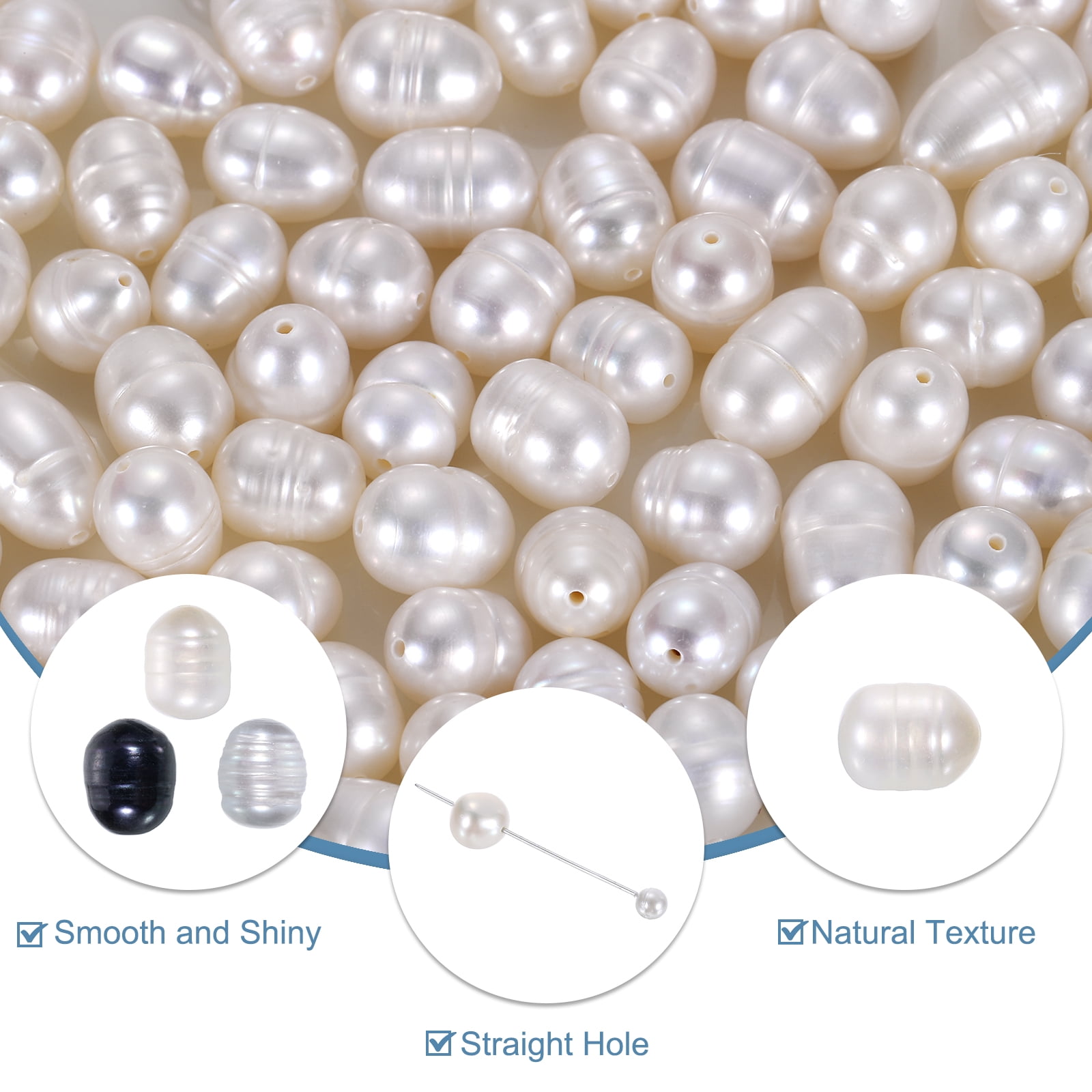 Uxcell 100 Pcs Natural Freshwater Pearl Beads, 7-8mm Oval Rice Shape Loose Gemstone Pearls 0.8mm Hole for Leather Cord Beading Jewelry Making DIY Craft, White
