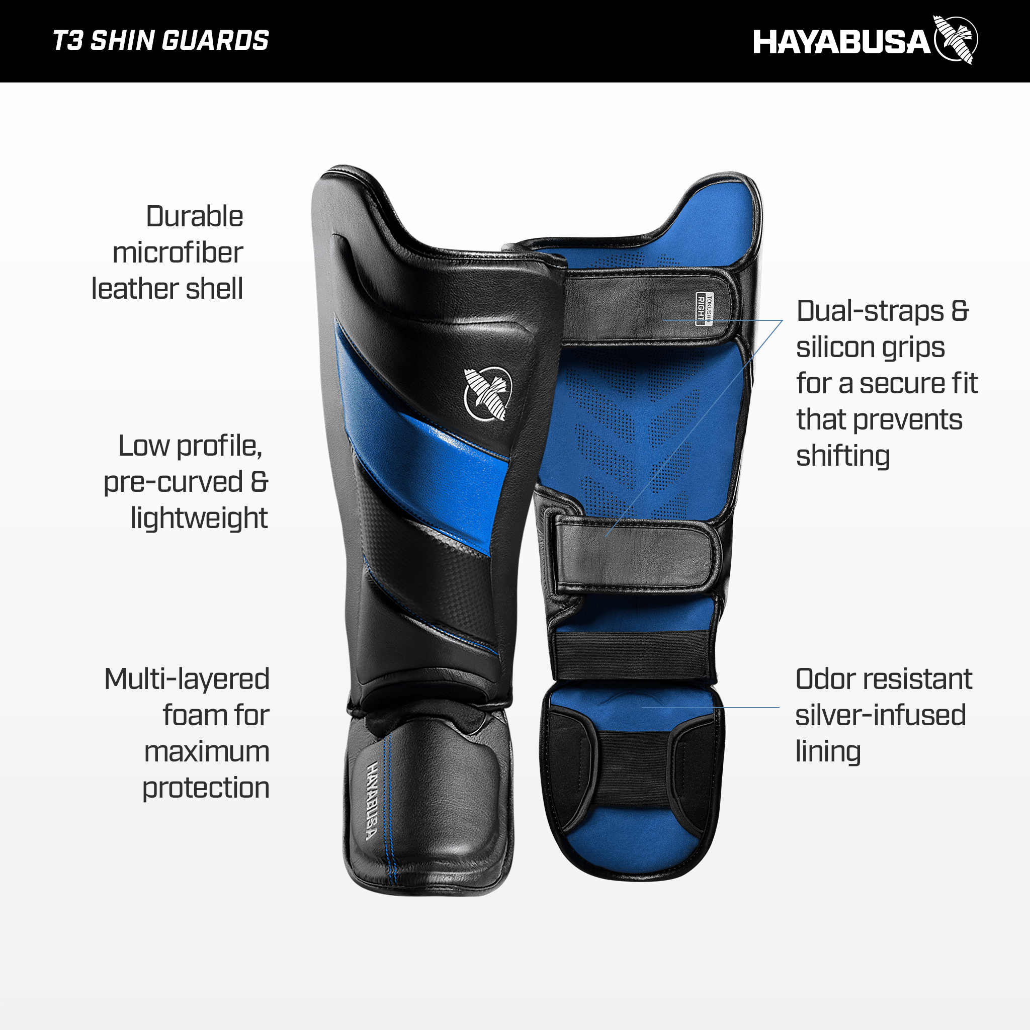 Hayabusa T3 Striking Hook and Loop Vylar MMA Shin Guards - Medium - Black/Blue