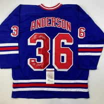 Autographed/Signed Glenn Anderson 94 SC Champs New York Blue Hockey Jersey JSA COA