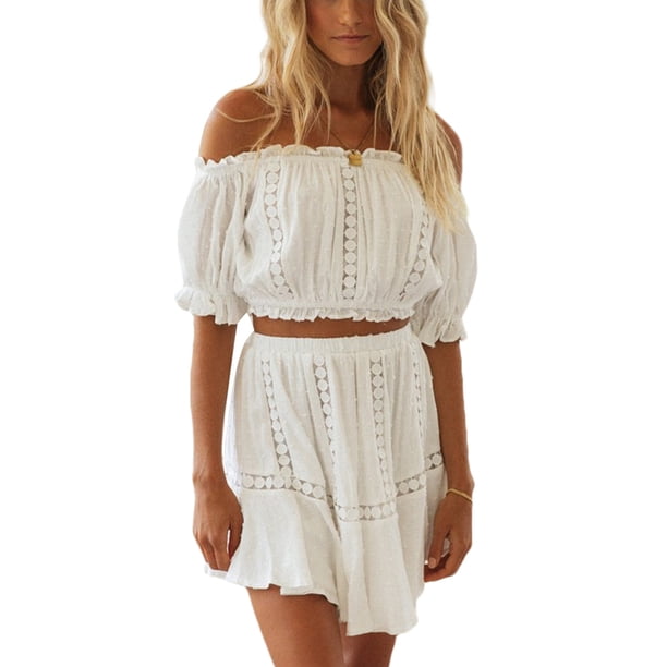 TRKIYQC Sexy verano señoras fuera del hombro fiesta playa ropa camisa y faldas cintura alta dos piezas mujeres Casual Crop Tops volantes trajes TRKIYQC moderno