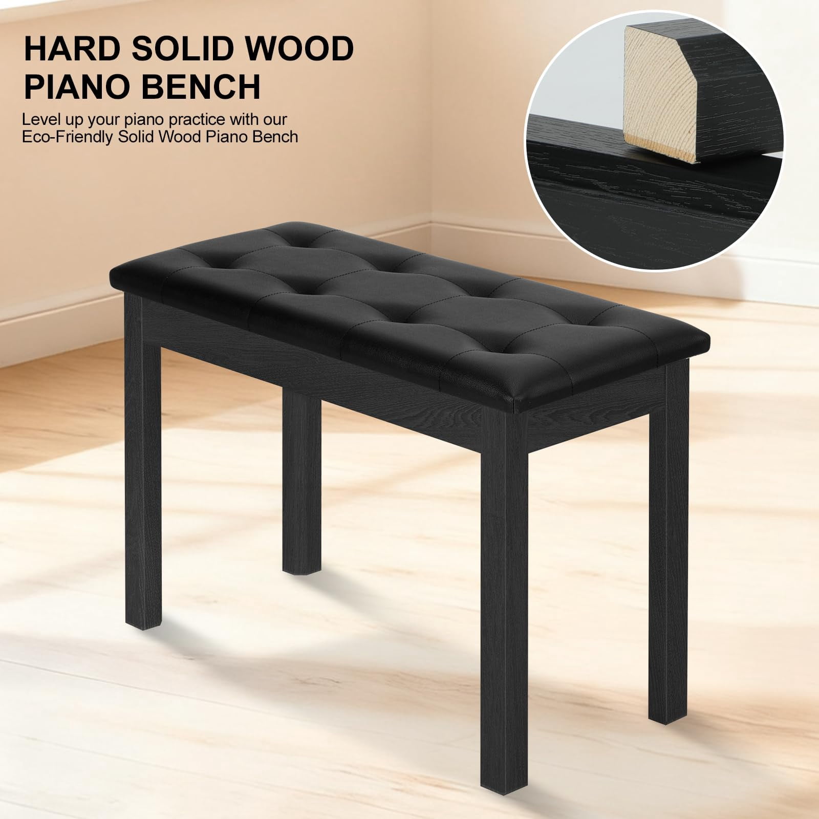 Duet Piano Bench With Storage - Wooden Solid Wood  Tufted Padded Keyboard Stool & Chair Seat Vanity Double (black)