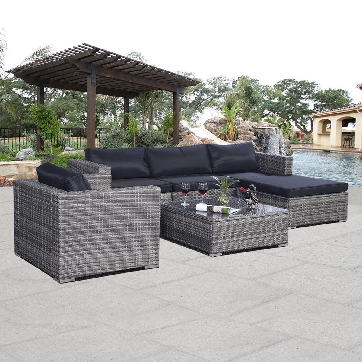 Goplus 6pc Patio Sofa Furniture Set Pe Rattan Couch Outdoor Aluminum Cushioned Gray - Walmart.com
