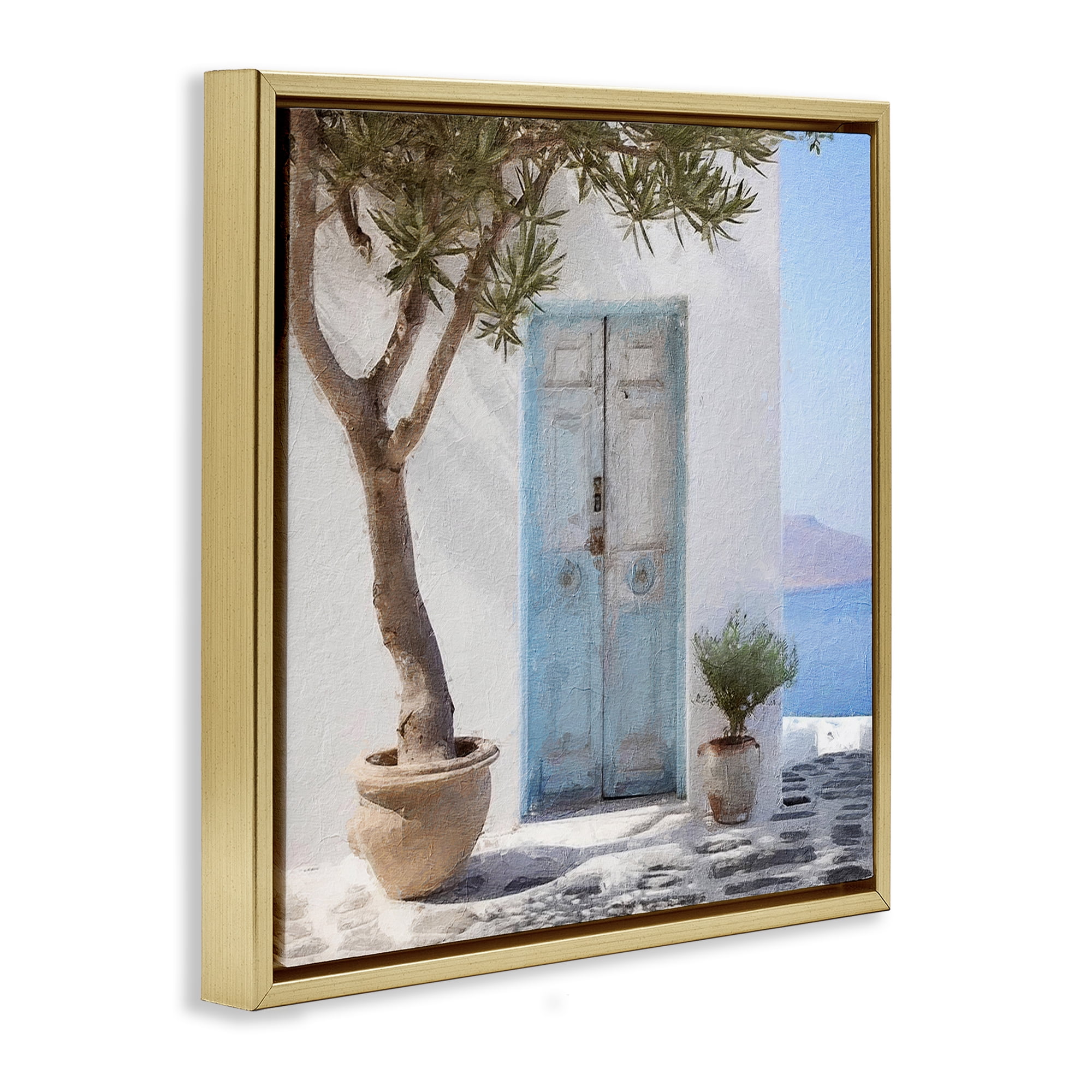 Stupell Industries Coastal Greek Door Town & City Painting Gold Floater Framed Canvas Art Print Wall Art, 25 x 25