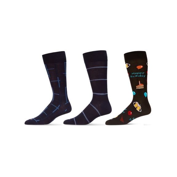 MeMoi Men's 3 Pair Pack Novelty Happy Birthday Crew Socks - Mens - Male, 10-13, Gray-Black