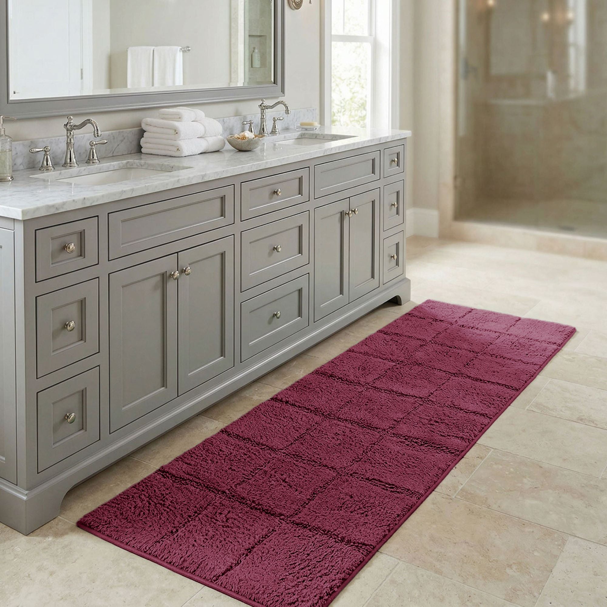 Superior Checkered Cotton Washable Non-Slip Bath Rug, Runner Size, Plum