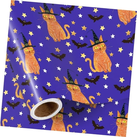SKYSONIC Paper Roll , Roll, Orange with Hat Design, Wrap with Stars and Bats for Party, Trick or , 17 Inches 16.4 Feet