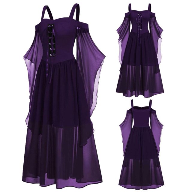 Liquidation! Robe d'Halloween pour Femmes, Robe d'Halloween pour Femmes Grande Taille à Épaules Dénudées, Manches, Laçage, Violet 5TG
