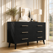 Aiho Modern 6-Drawer Dresser, Wooden Chest with Cut-Out Handles, Wide Double Black Drawers for Bedroom, Living Room, Entryway