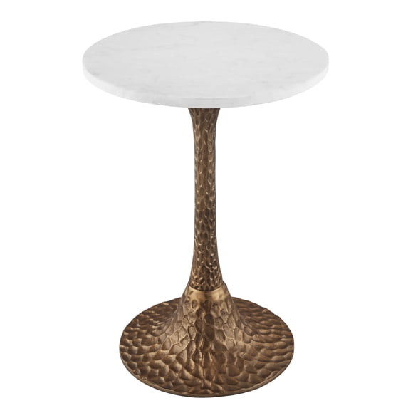 Tyler Accent Side Table, 14.5 Inch Round White Marble Top, Antique Brass Hammered Pedestal Base