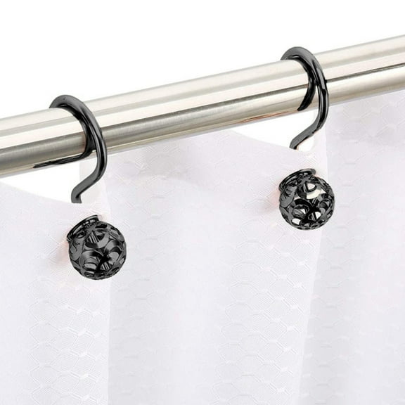 Black Shower Curtain Hooks Set (Rustproof Ring Hangers, Decorative Clips), Black, 12Pc Black Metal Shower Curtain Hooks, Rustproof Rings For Bathroom, Meiiso
