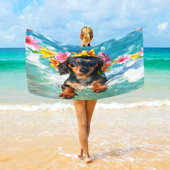 Ryvnso Cute Dachshund Surfing Oversized Beach Towel Microfiber Bath Blankets Swimming Fitness 37" x 74"