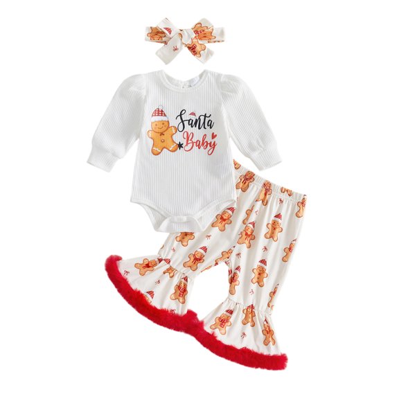 RUINIXCW Baby Girl Christmas Outfit Long Sleeve Printed Romper Flared Pants Headband