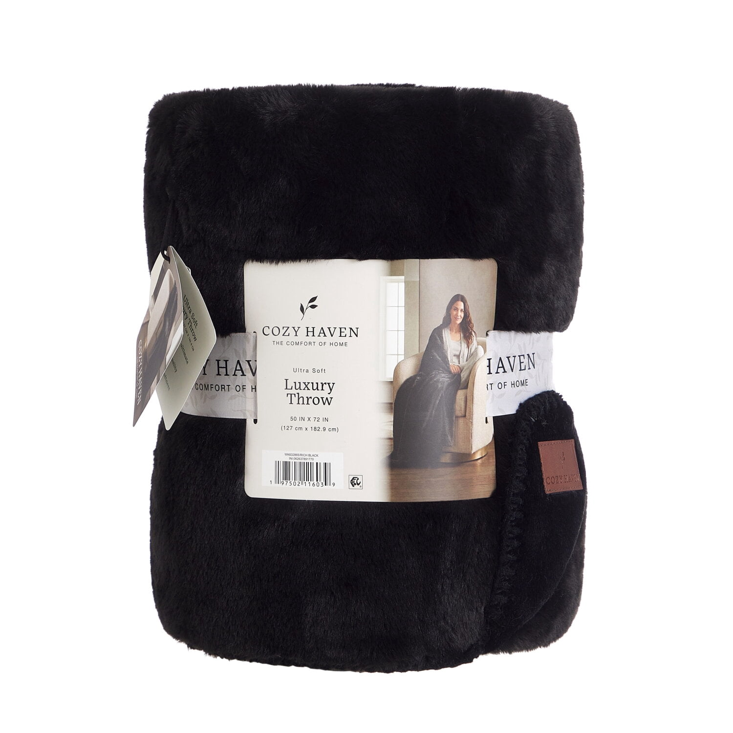 Cozy Haven Luxury Reversible Faux Fur to Plush Oversized Couch Throw Blanket, Black, 50 x 72 in