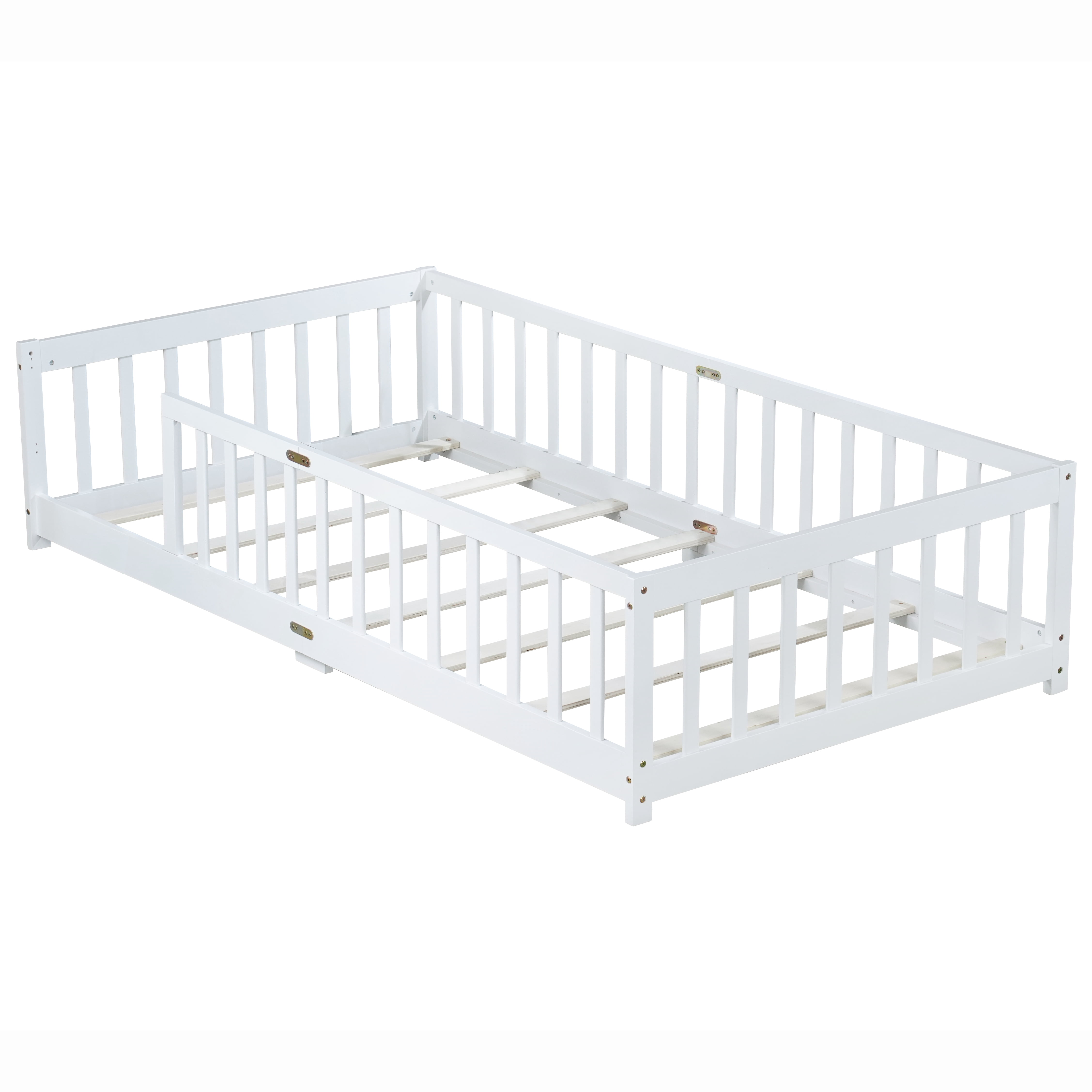 Miniyam Wooden Twin Size Floor Bed with Safety Fence for Kids, White