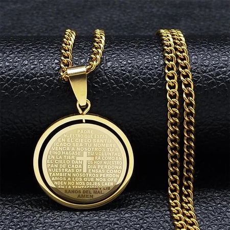 Christian Bible Lords Prayer Cross Pendant Necklace 14K Yellow Gold Spanish Necklaces Religious Jewelry cordao masculino