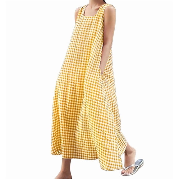 sicmoss Women's Yellow Boho Plaid Sleeveless U-Neck Maxi Dress for Women Casual Loose Fit Cotton Linen Long Sundress Side Pockets Flowy A-Lin