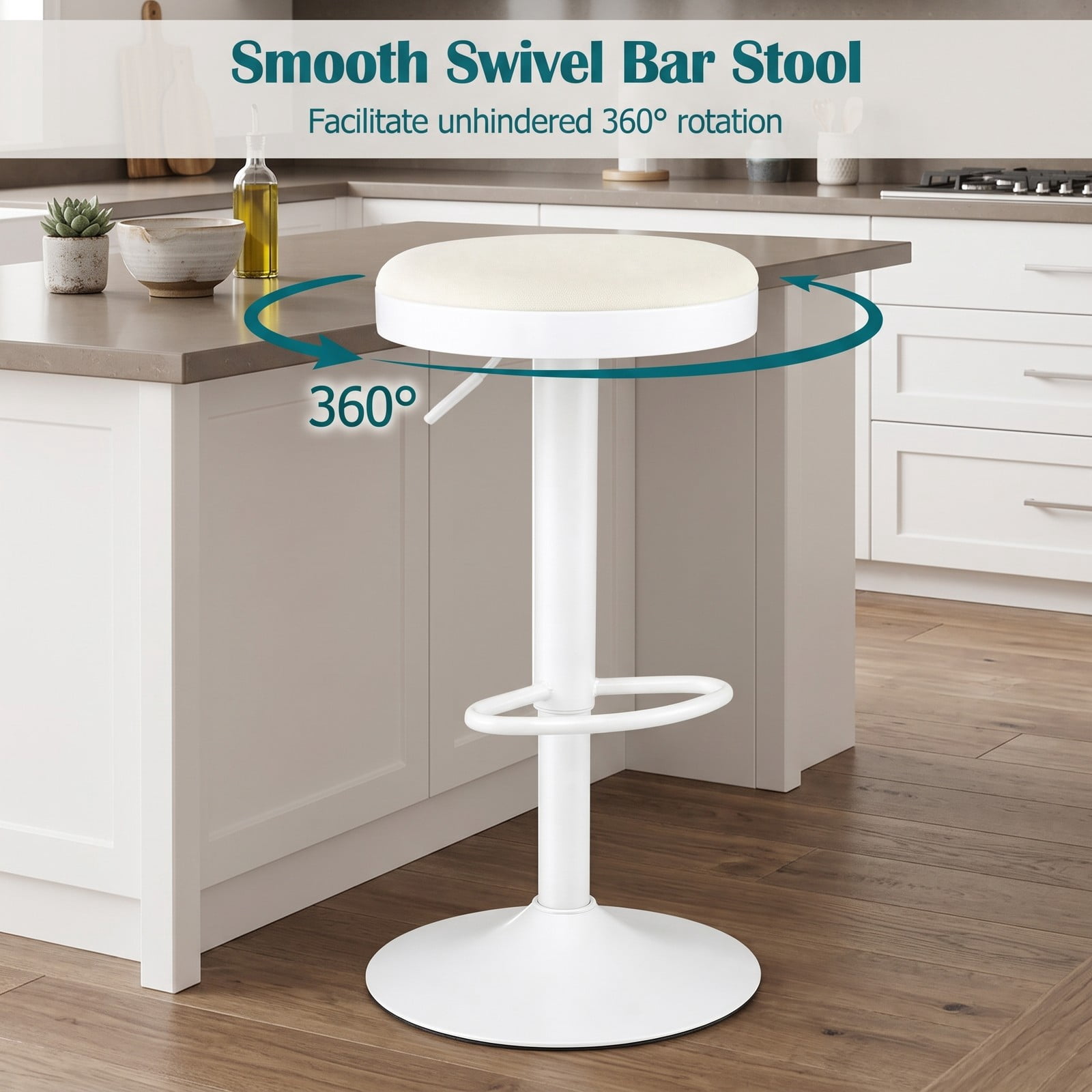 Furnibear Set of 2 Adjustable Kitchen Bar Stools, 360 Swivel Counter Stools with Soft Padded Fabric Seat, D-Shaped Footrest and Non-Slip Base, 330 lb, White