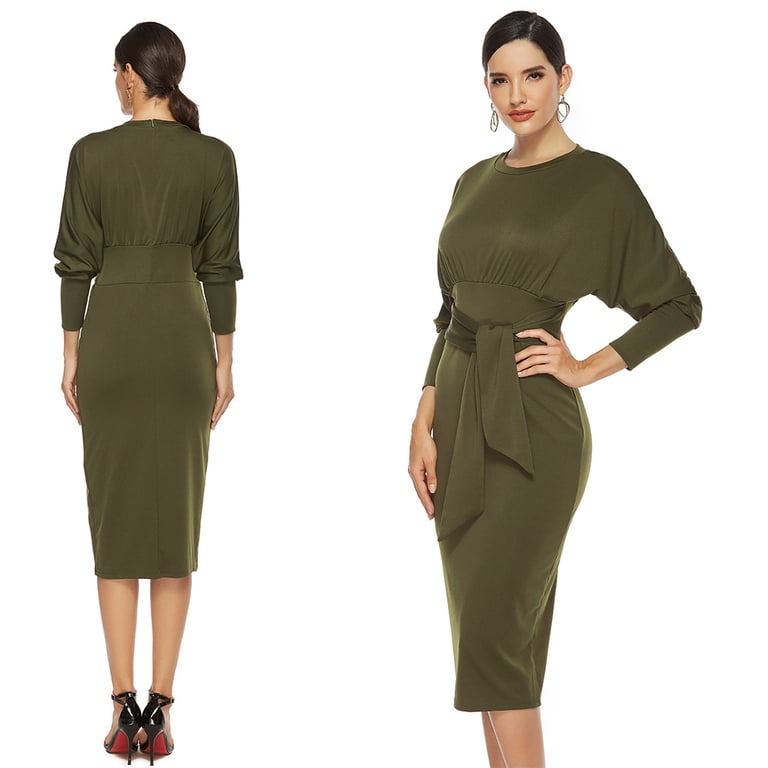 batwing sleeve bodycon dress Elegant Women Slim Fit Batwing Sleeve Bodycon Business Pencil Dress with Belt