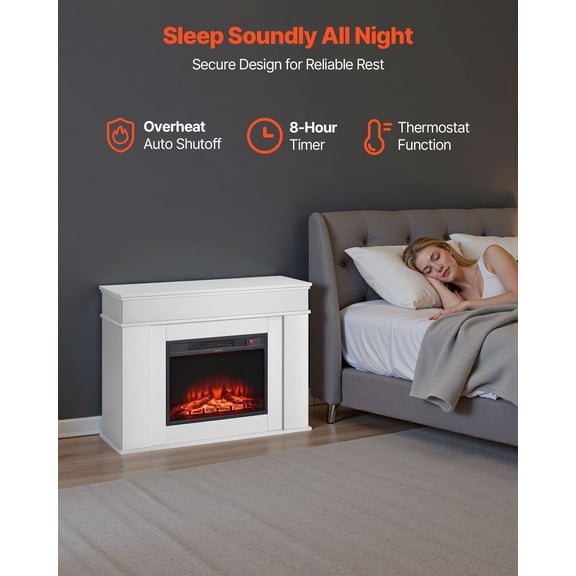 43" Freestanding Electric Fireplace Heater: 1500W, 5120BTU, Remote Control, 12H Timer, Adjustable Flame, Overheating Protection, White Mantel, for Home Office Living Room
