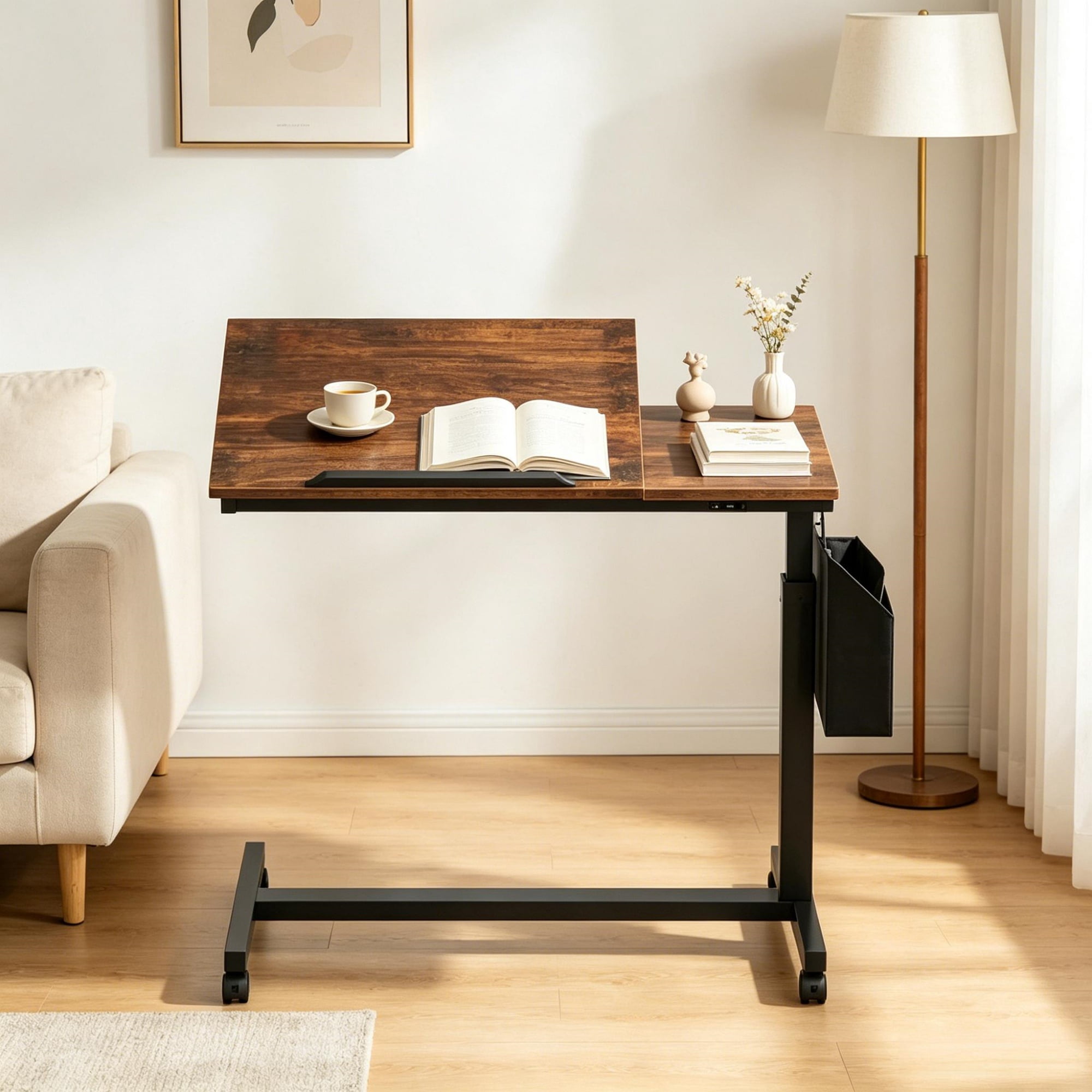 Mobile C Table, Adjustable Height Wood Side Table with Wheels, Tiltable Top, 45 lb Capacity