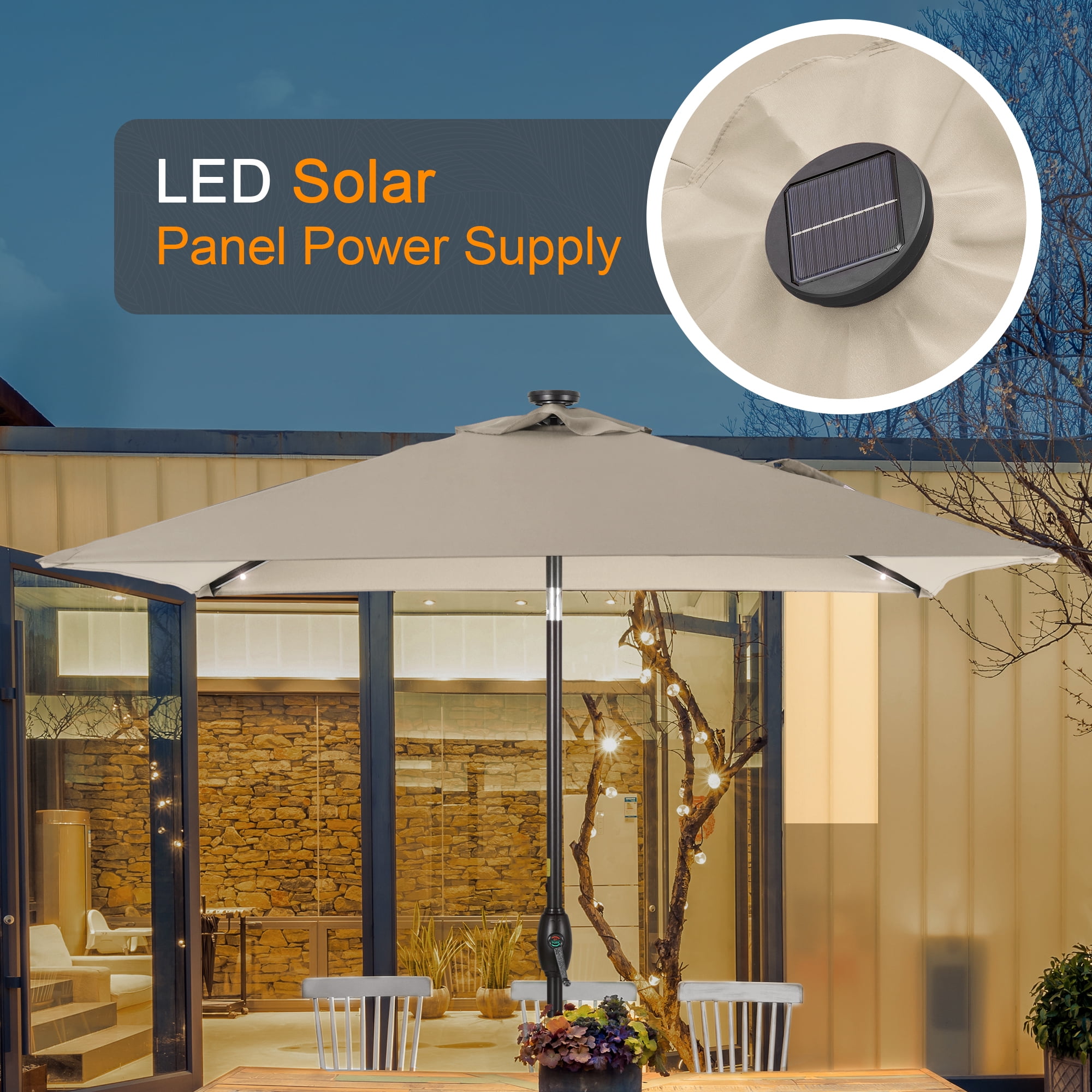 ACEGOSES LED Outdoor Patio 6.5x6.5ft Deck Solar Light Market Umbrella, Outside Table Umbrellas With Polyester canopy,Sand