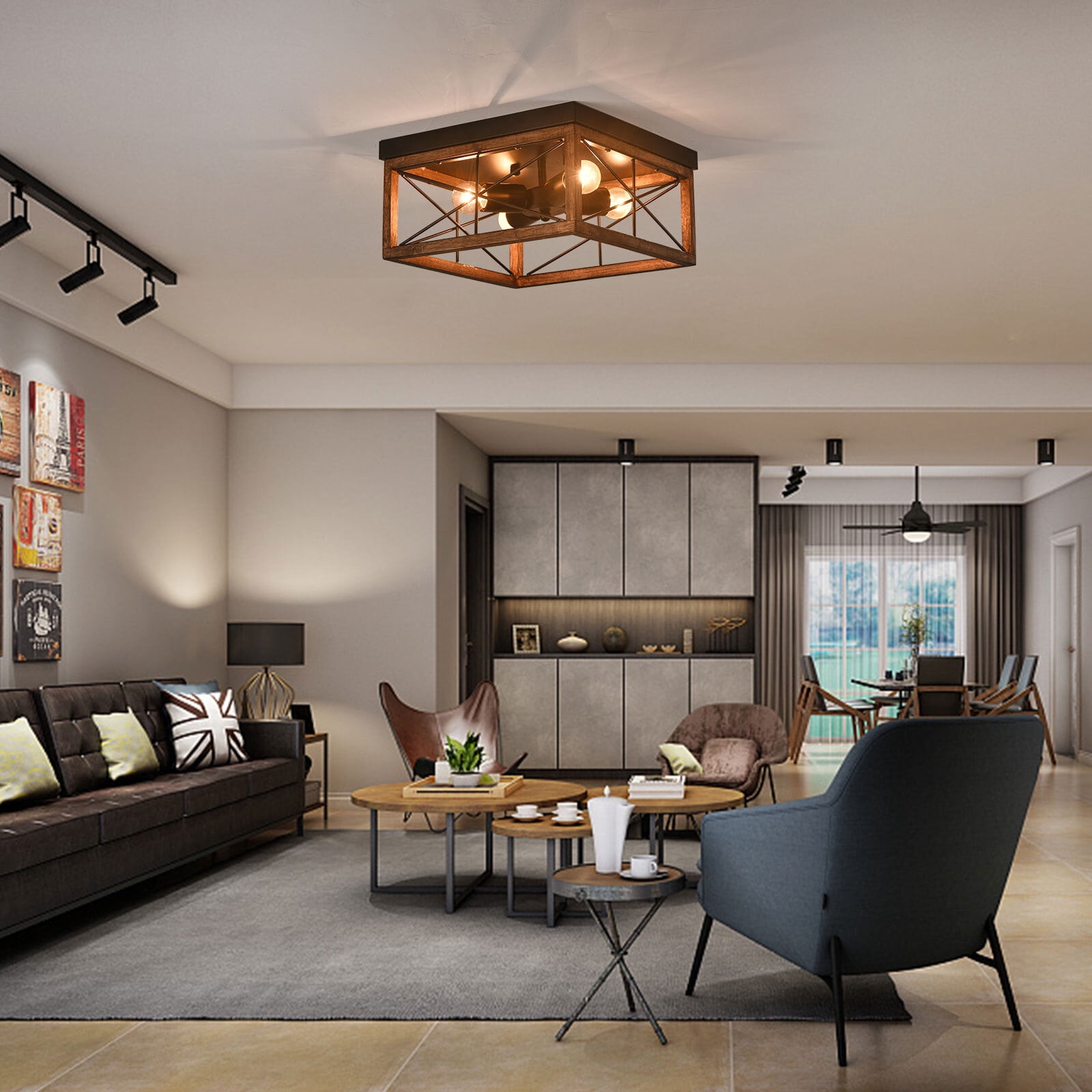 Ceiling Light, Wood Square Ceiling Light Fixture, Industrial Style Light Fixture