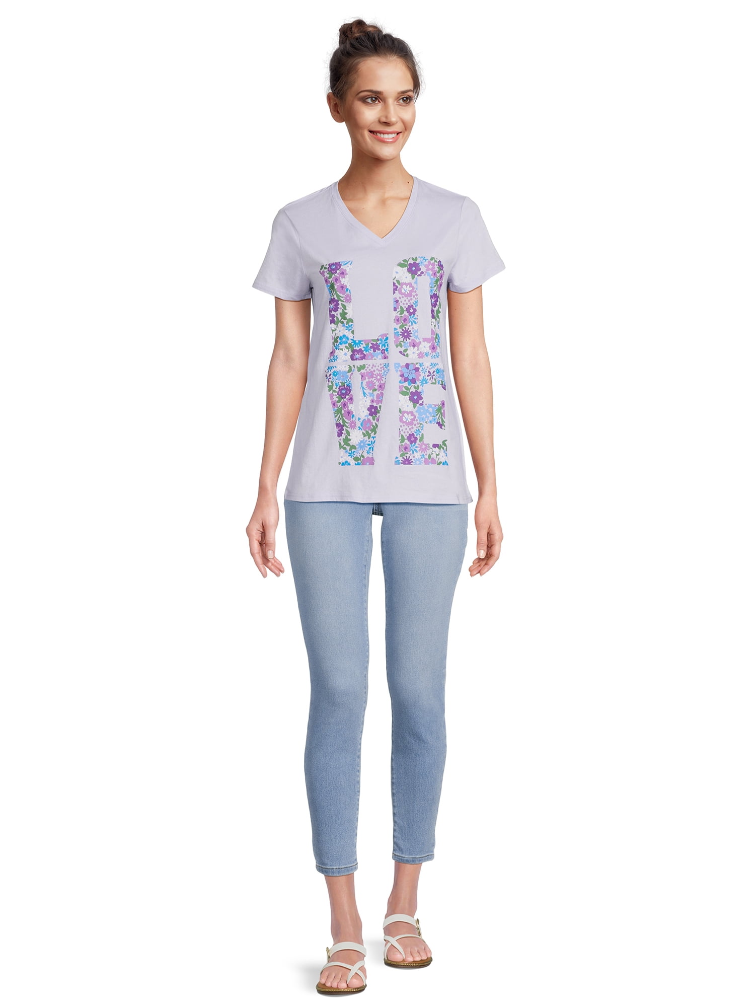 RealSize Women's V-Neck Graphic Tee with Short Sleeves, Sizes XS-3XL