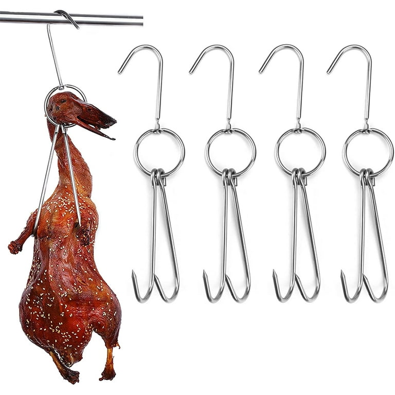 4 Pcs Stainless Steel Meat Hooks with Double Hook Poultry Roast Duck Bacon  Hanging Hook Grill Hanger for Drying, Cooking, BBQ, S-9.6 ”
