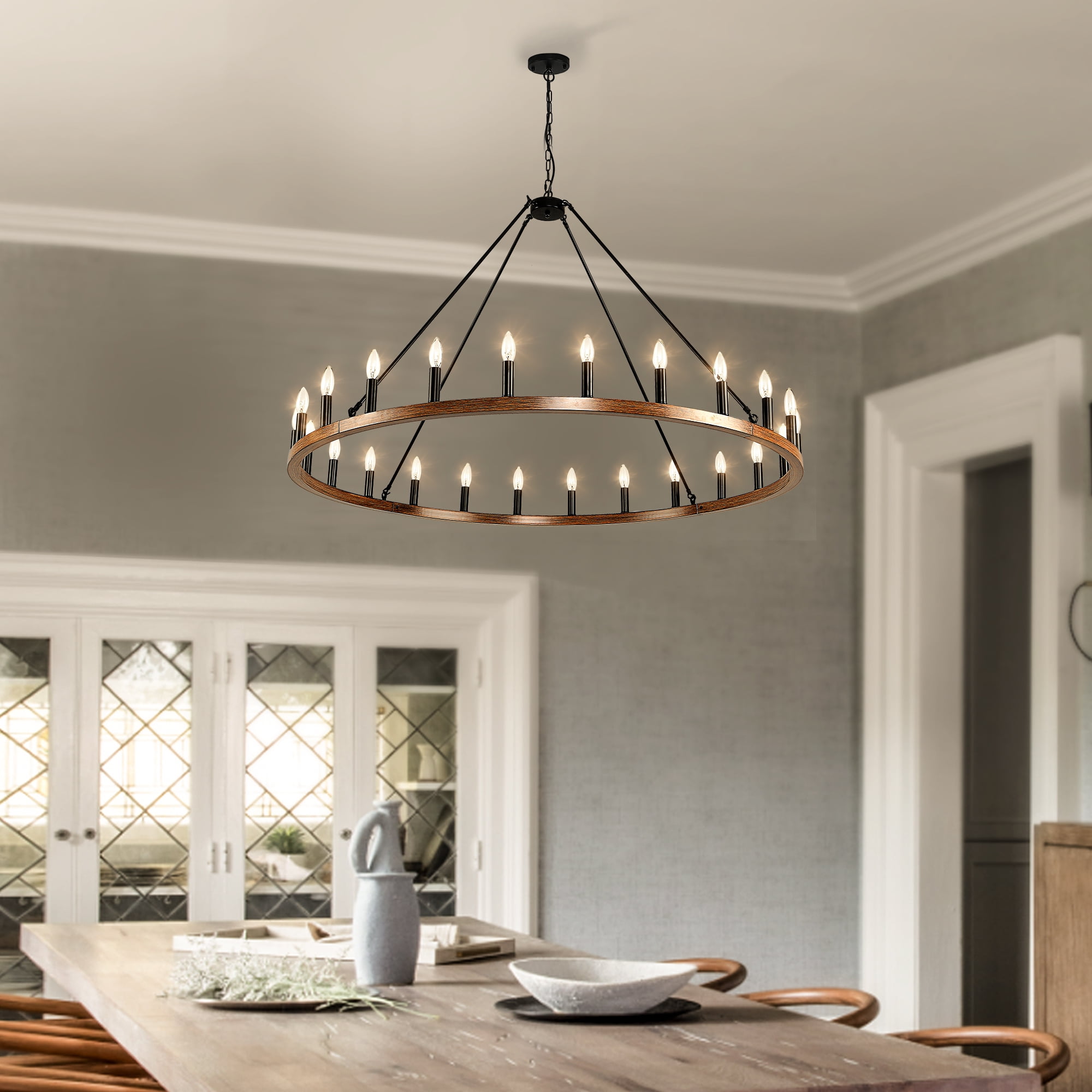 Magic Home 16-Light Big Wagon Wheel Chandelier,Modern Farmhouse Large Light Fixtures Large Round Chandelier,Round Kitchen Island Light,walnut color frame + black lamp head