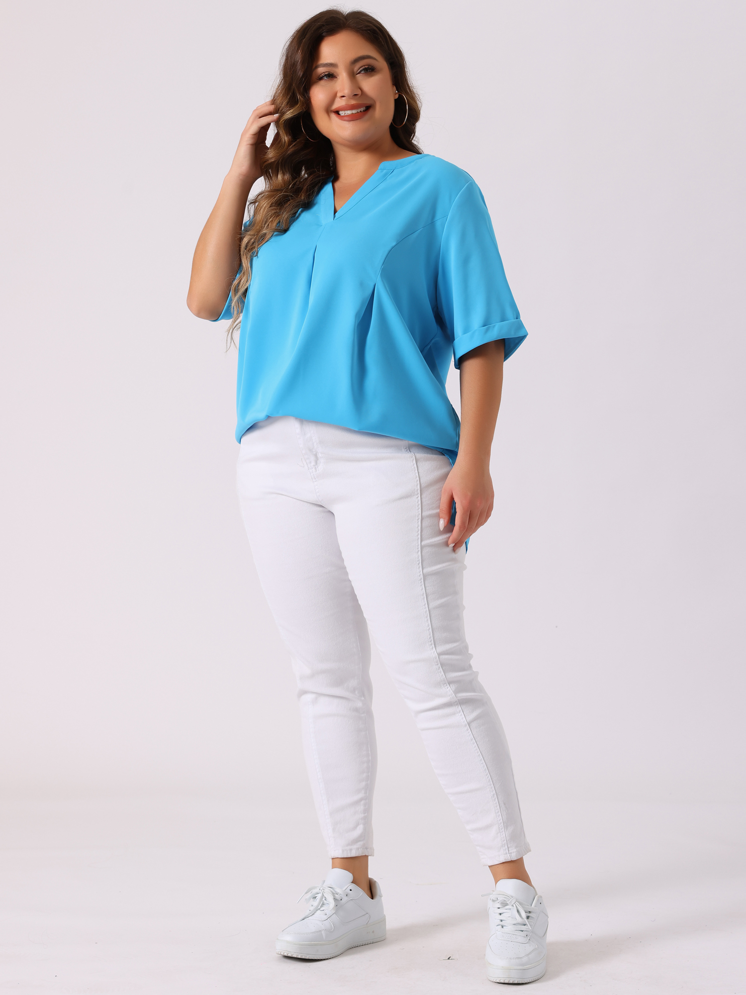 DARING DIVA Women's Plus Dip Hem V Neck Short Sleeve Tunic Top 2X Blue