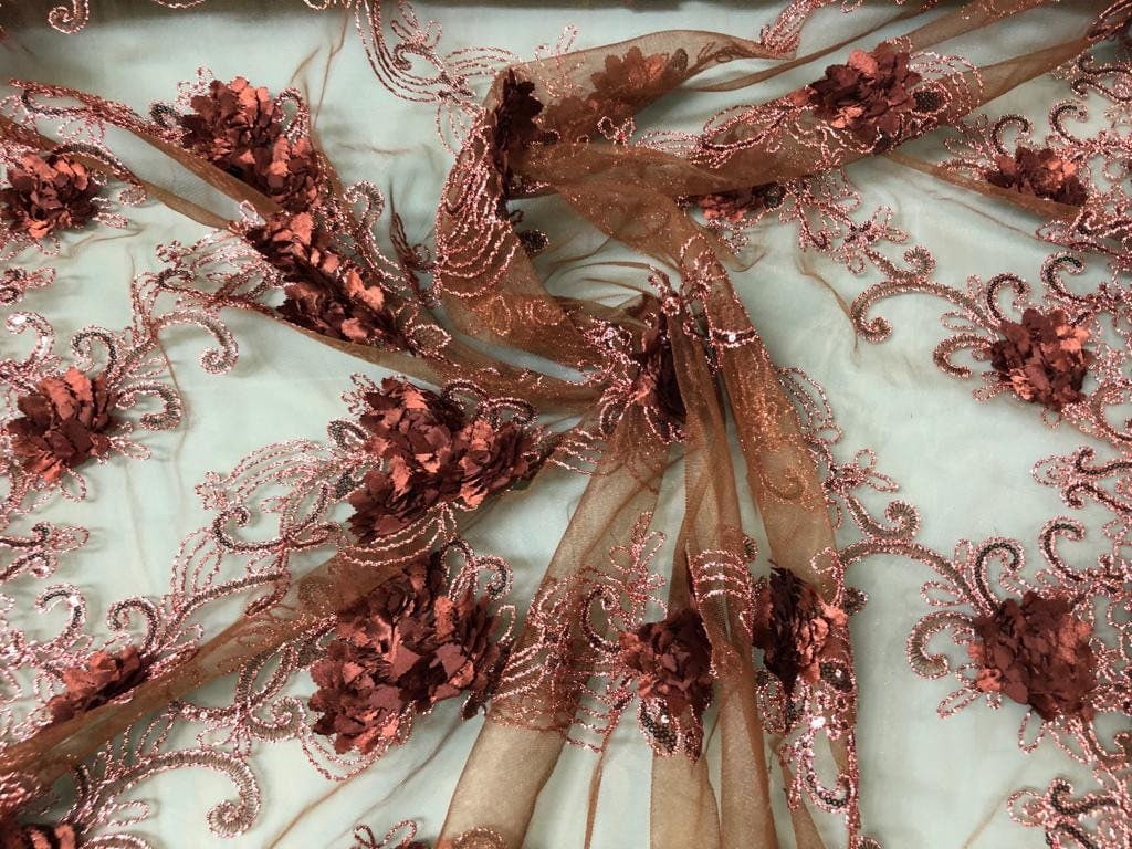 Brown Floral Appliqué Net Lace Fabric, Apparel, Home Decor