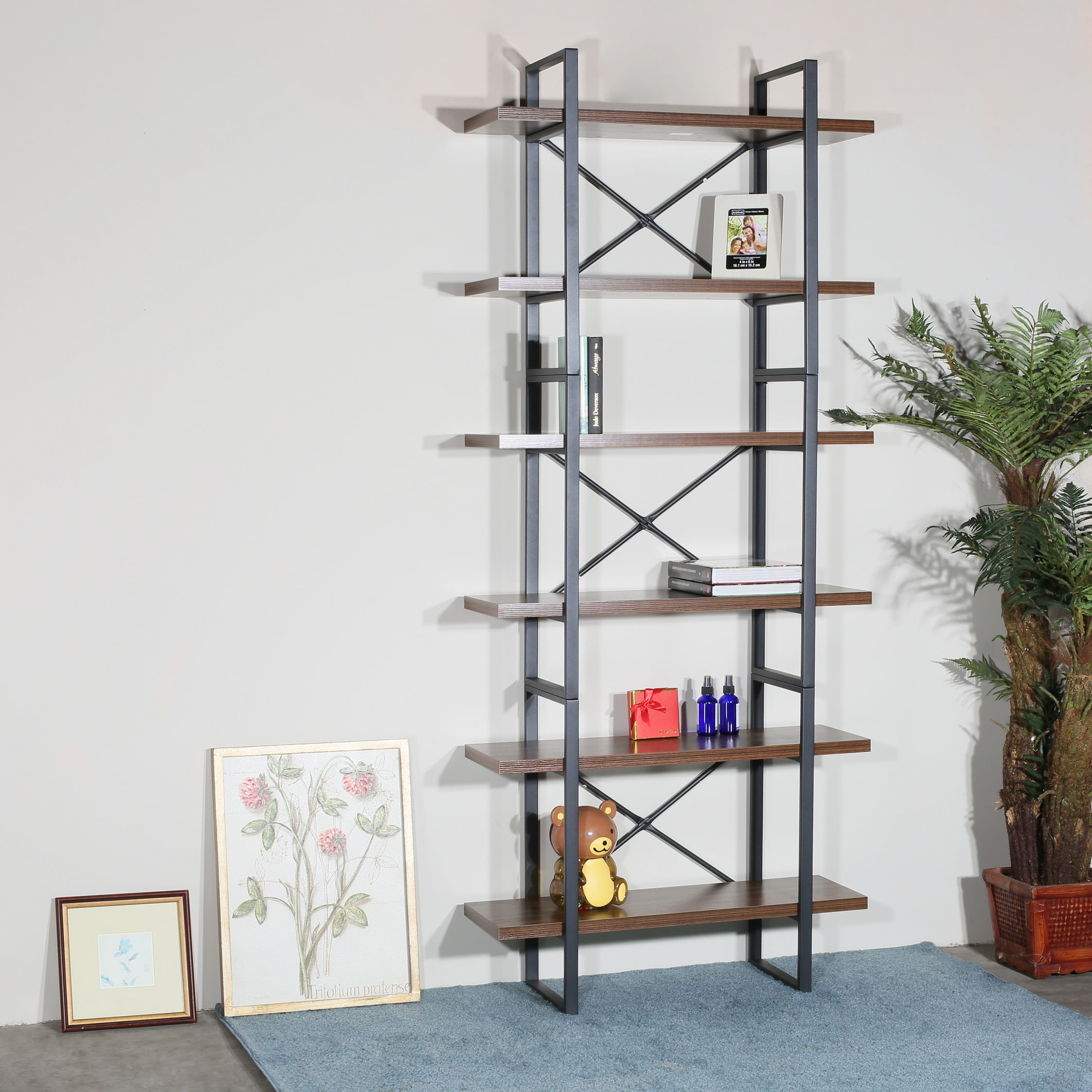 6-Tier Walnut and Black Metal Industrial Bookcase
