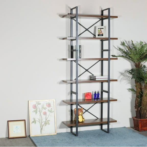 6-tier etagered walnut shelf bookcase with black metal frame
