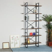 6-tier etagered walnut shelf bookcase with black metal frame