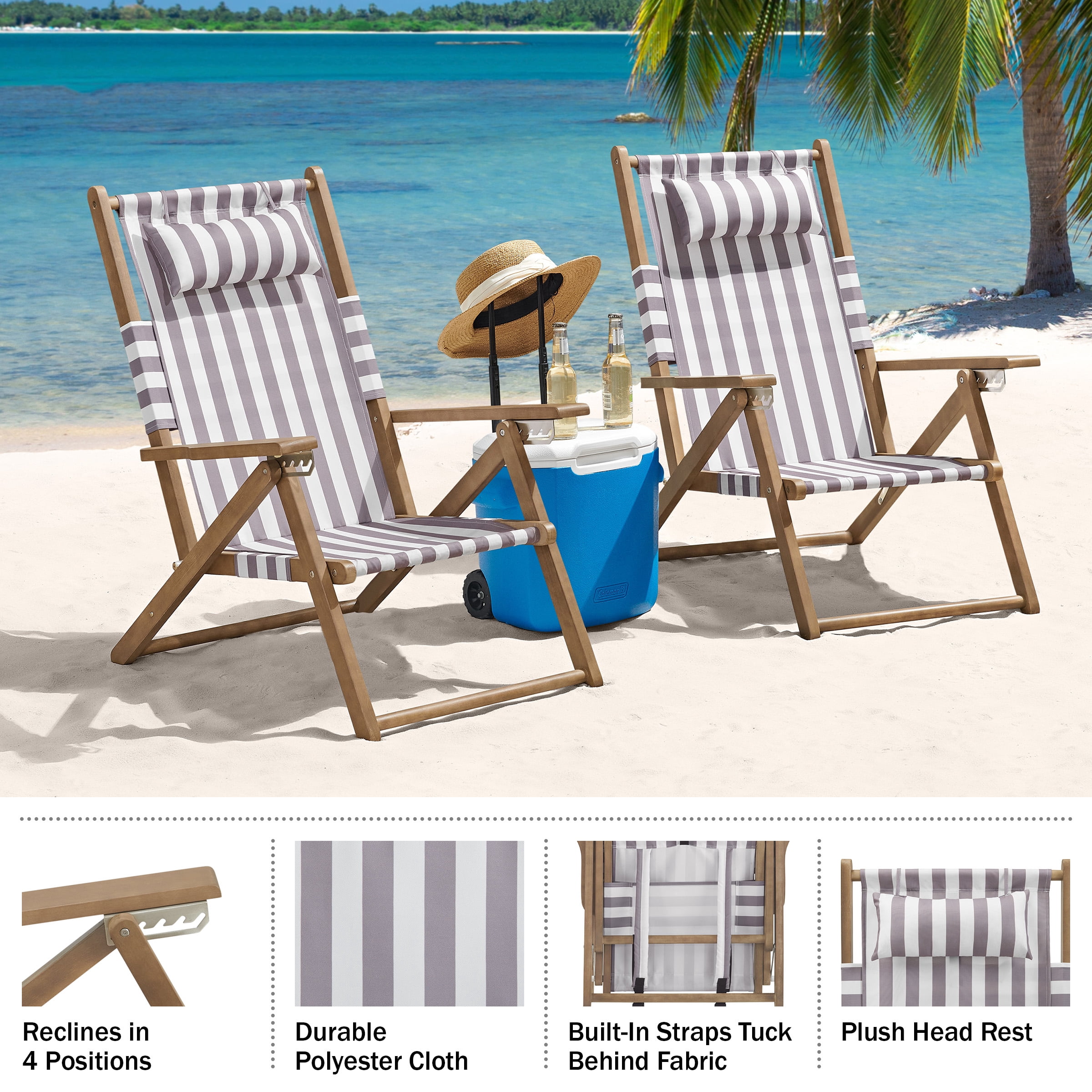 Lavish Home Set of 2 Folding Beach Chairs – 4-Position Recliners with Carry Straps, Brown Stripe