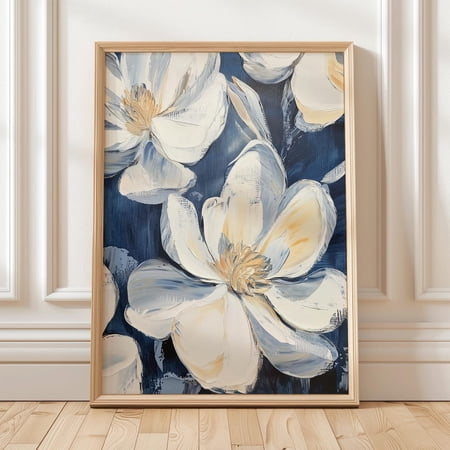 White Floral Cream Flower Navy Blue Elegant Botanical Porch Decoration Unframed Paper Print
