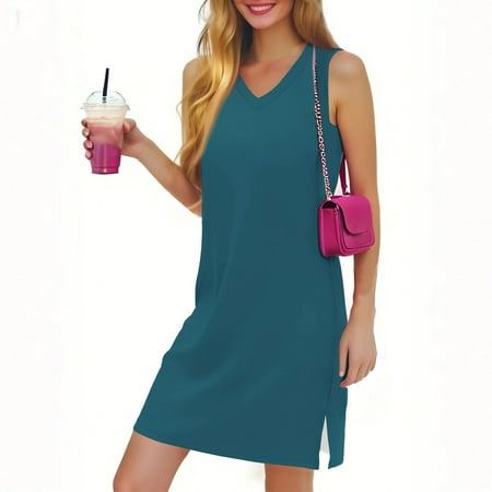 GXIPO Sleeveless Spring Dresses for Women 2025 Vneck Beach Dress Vacation Dress Sundress Casual Solid with Split Dark Green XL