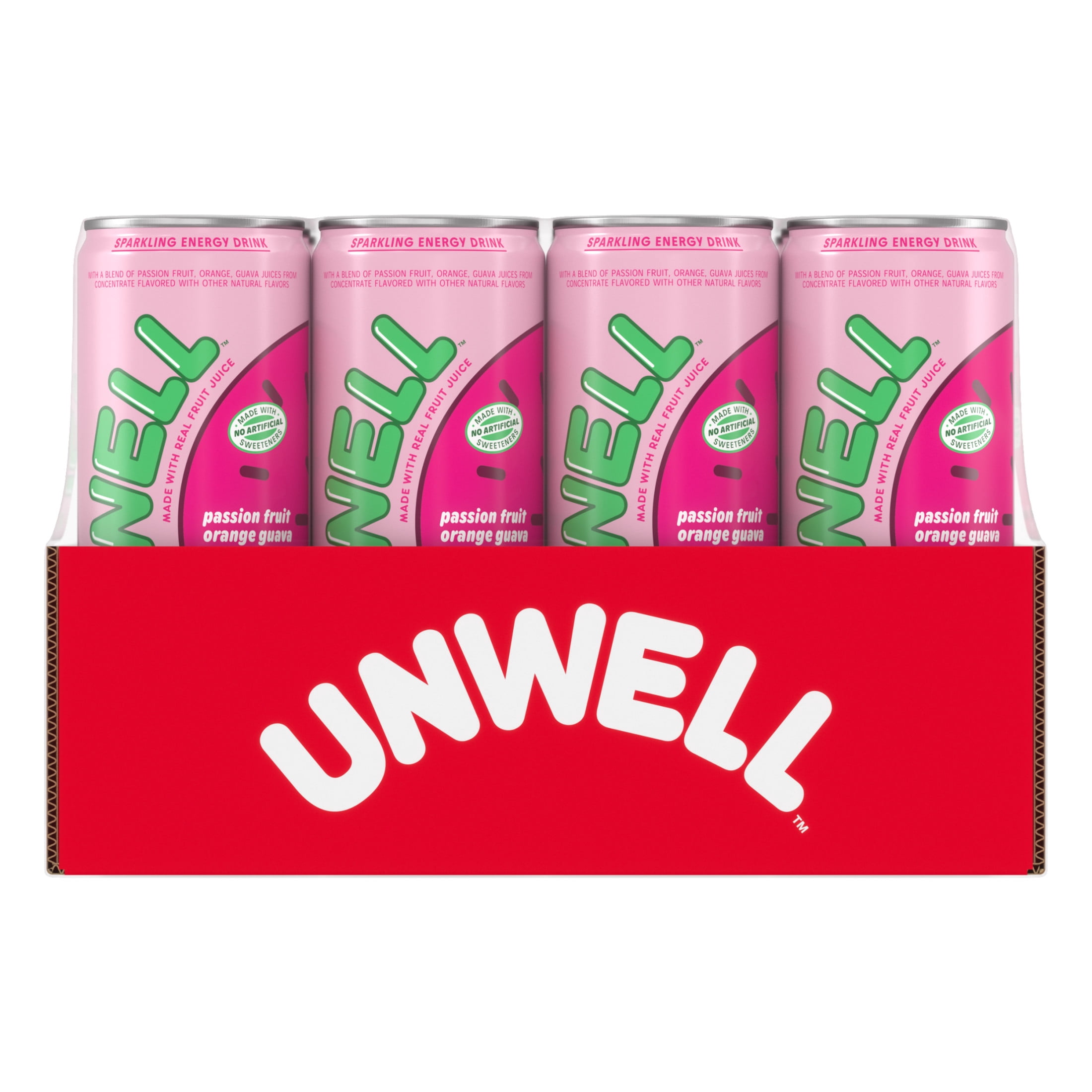 Unwell Sparkling Energy Drink, Electrolytes & Real Fruit Juice – Passion Fruit Orange Guava, 12 PK
